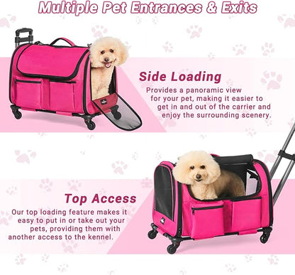 Large Pet Carrier with Wheels, Foldable Rolling Dog Carrier with Big Pocket, Cat Rolling Bag 21"x13"x13" for 2 Cats &Dogs, for Travel, Outdoor, Vet Visits, Camping, Indoor.Pink. (Not for Airline)