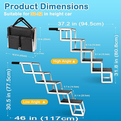 Uross Dog Stairs for Car 5 Steps - Collapsible Dog Steps Ramp for Car and SUV, Aluminum Pet Ramp Stairs for Large Dogs,Telescoping Ladder for Truck, High Bed