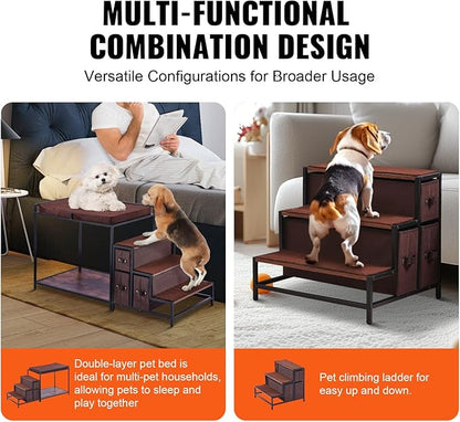 VEVOR Pet Bunk Bed with Stairs, Dog/Cat Window Perch with Storage, Multi-Level Bed Window Perch Dog Bedside Sleeper Couch, Pet Seat Platform for Medium Size Pet, Indoor Use (Dark Brown)