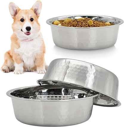 Fhiny 3 Pack Hammered Stainless Steel Dog Bowls, 4 Cups/32 Oz Premium Metal Puppy Feeder Bowl Set for Raised Feeding Station Basic Kitten Food & Water Dishes for Small & Medium Pets Dishwasher Safe