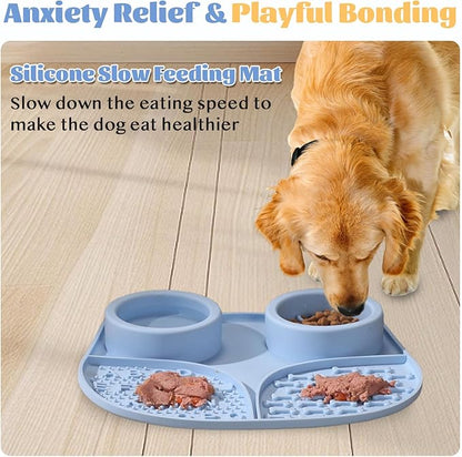 Silicone Slow Feeder Dog Bowls & Cat Bowls, 2 Cups Small Pet Food Bowl with Non-Slip Suction Base, Food-Grade Safe Puzzle Feeder for Small & Medium Dogs & Indoor Cats (Bowl & Lick Mat (Blue))