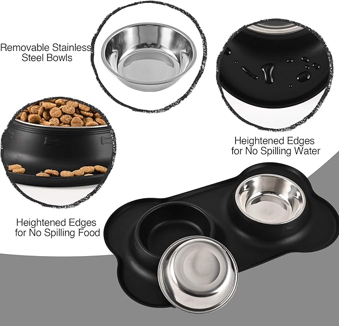 Dog Bowls 2 Stainless Steel Bowl for Pet Water and Food Feeder with Non Spill Skid Resistant Silicone Mat for Pets Puppy Small Medium Cats Dogs