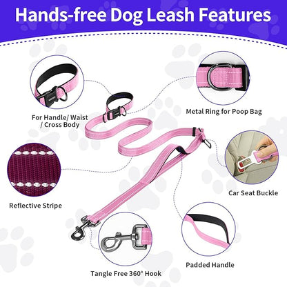 Kazazoo Hands-Free Dog Leash with Adjustable Length 6-9FT + Dual Padded Handles Reflective Safety for Walking, Jogging & Training | Suitable for Medium to Large Dogs & Puppies Pink-L