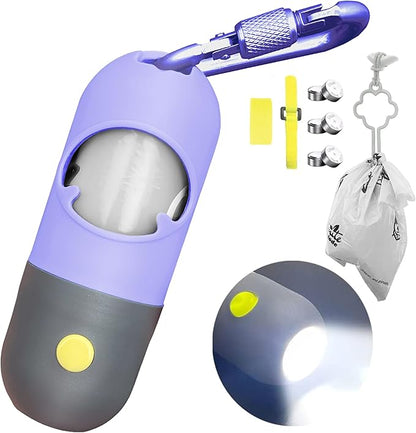 Dog Poop Bag Dispenser with Built-in LED Flashlight and Metal Clip for Leash, Pet Waste Bag Holder, Dog Walking Accessory (Purple)