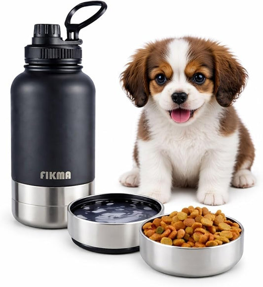 Insulated Dog Water Bottle with 2 Bowls, 32oz Insulated Stainless Steel Travel Bottle for Pets, Leak-Proof Portable Design for Hiking, Camping & Travel (Black)