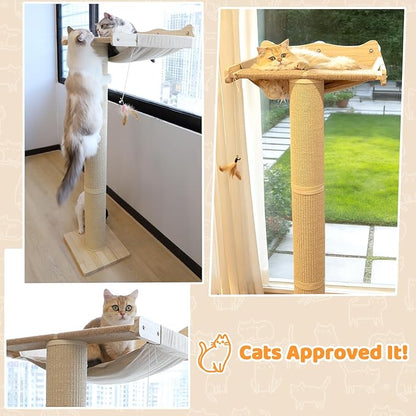 54.3" Cat Window Perch with 3 Adjustable Roman Column Sisal Scratching Posts, Drill-Free Suction Cups, Multi-Level Perch for Climbing & Bird Watching, 60 lbs Capacity