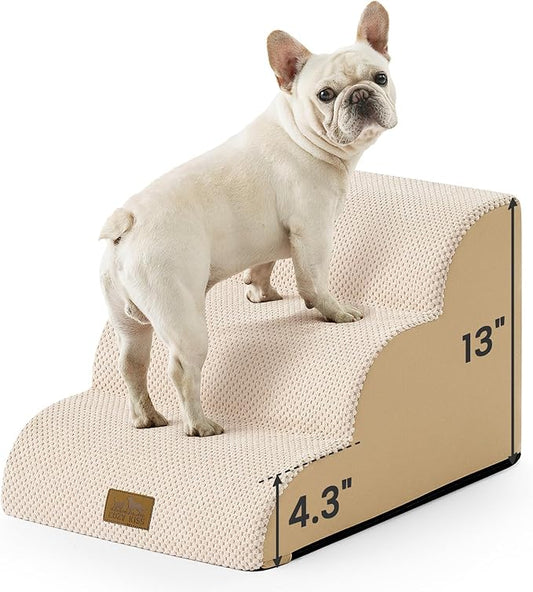 Dog Stairs for Small Dogs 13" H, 3-Step Slope Curved Dog Steps for Couch, Chair or Bed, Sturdy Pet Stairs for Puppy, Older Cat, Cat Ladder with High Density Foam, 15.7x20x13 inch, Beige