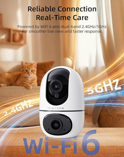 VIRTAVO AI Pet Camera Indoor with Phone App for Dog, Cat & Puppy, 360° Dual-Lens with Auto Tracking & Pet Calling, No Subscription, Wi-Fi 6 (5GHz/2.4GHz), Apple Watch & Alexa Compatible