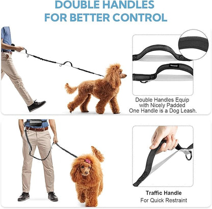 Hands Free Dog Leash, Adjustable Waist Belt with Double Padded Handles, Retractable Bungee for Medium & Large Dog, Running, No Pull,Black Grey