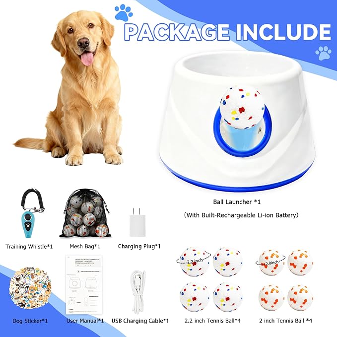 Automatic Ball Launcher for Dogs with 8 Balls - Adjustable Distance up to 50ft,Charger, Whistle & Storage Bag - Interactive Fetch Machine Toy for Indoor Outdoor Play, for Medium Large Breed Dogs