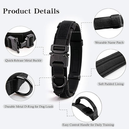 Xqpetlihai Tactical Dog Collar Adjustable Military Nylon Dog Collar with Control Handle and Heavy Duty Metal Buckle for Medium and Large Dogs (Black,L)