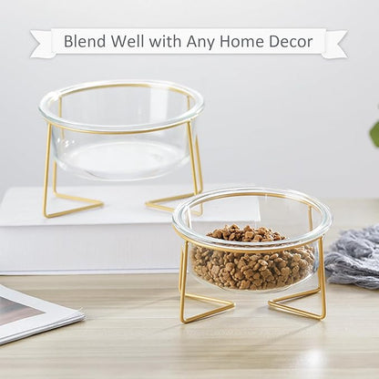 Small Glass Tilted Elevated Cat Dog Bowl Raised Cat Food Water Bowl Dish Pet Comfort Feeding Bowls with Gold Iron Stand