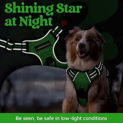 rabbitgoo Dog Harness Medium Sized, No Pull Dog Vest with 3 Buckles, Adjustable Soft Padded Pet Harness with Easy Control Handle and Reflective Strips, Green, M