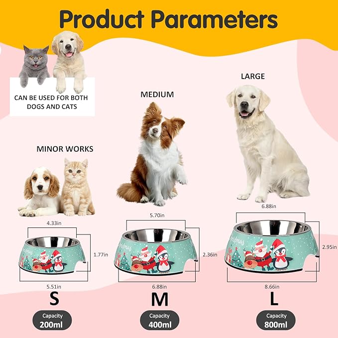 Christmas Xmas Pet Dog 2 in 1 Food Water Bowls - Non Slip Skid Proof Heavy Duty Pet Cats Dog Food Water Bowls for Feeding Medium Dogs -Green Christmas-M