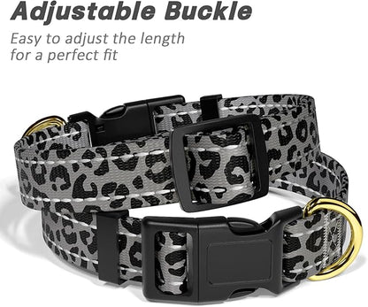 Reflective Dog Collar for Extra Small Dogs Cats, Cute Leopard Style Adjustable Heavy-Duty Nylon Puppy Collar for Boy and Girl Female, Soft Pet Accessories with Quick Release Buckle, Gray