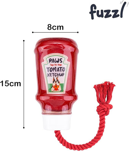 Fuzzl TPR Ketchup & Mustard TPR Rubber Dog Toy - Rope Chew Toy Set 2 - Tough Toy
