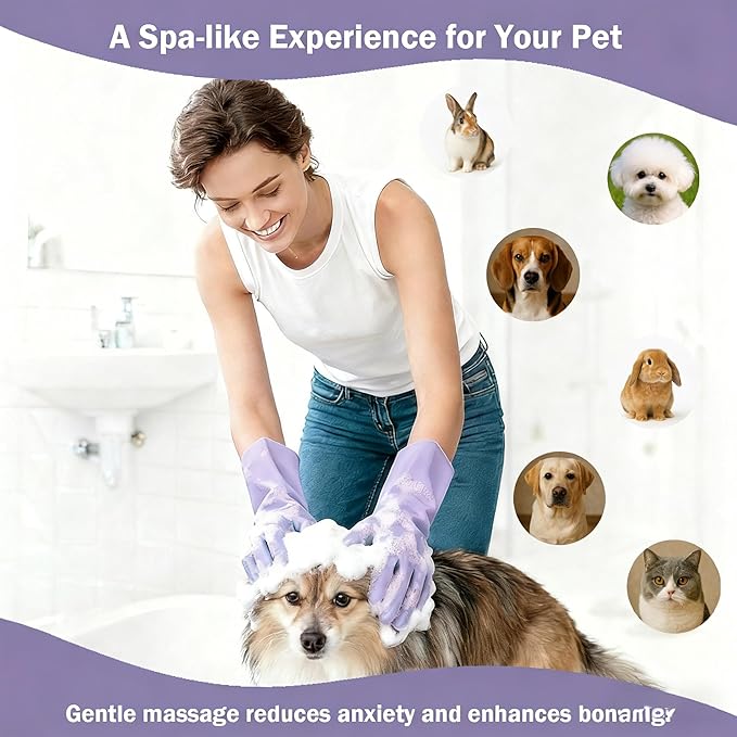 Pet Grooming Gloves, bite-Resistant pet Bathing Gloves with Non-Slip Particles, Suitable for Wet and Dry use, for All Ages. Ideal as a Grooming Brush Glove for Dogs and Cats. Purple 1 Pak.
