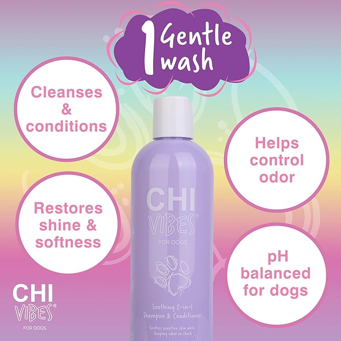 CHI Vibes for Dogs Soothing 2-in-1 Dog Shampoo & Conditioner, Sensitive Skin Cleanser + Dog Deodorizer for Puppies & Adults, Vegan pH Balanced, Gluten & Paraben Free, Made in The USA, 12 Fl Oz