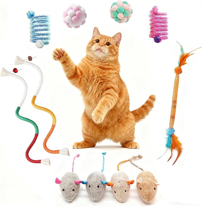 11-Piece Interactive Cat Toys for Indoor Cats, 2 Bendable Rope Toys, 4 Mice, 2 Springs, 2 Bell Balls & Feather Teaser - Kitten Chew Toys and Cat Supplies