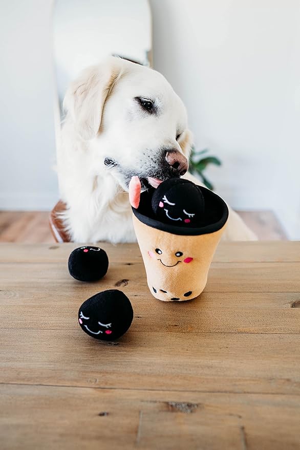 ZippyPaws Burrow- Interactive Dog & Puppy Toys for Boredom, Stimulating Pet Products to Keep them Busy, Hide & Seek Plush Dog Puzzles, Squeaky Enrichment for Small, Medium, & Large Dogs- Boba Milk Tea