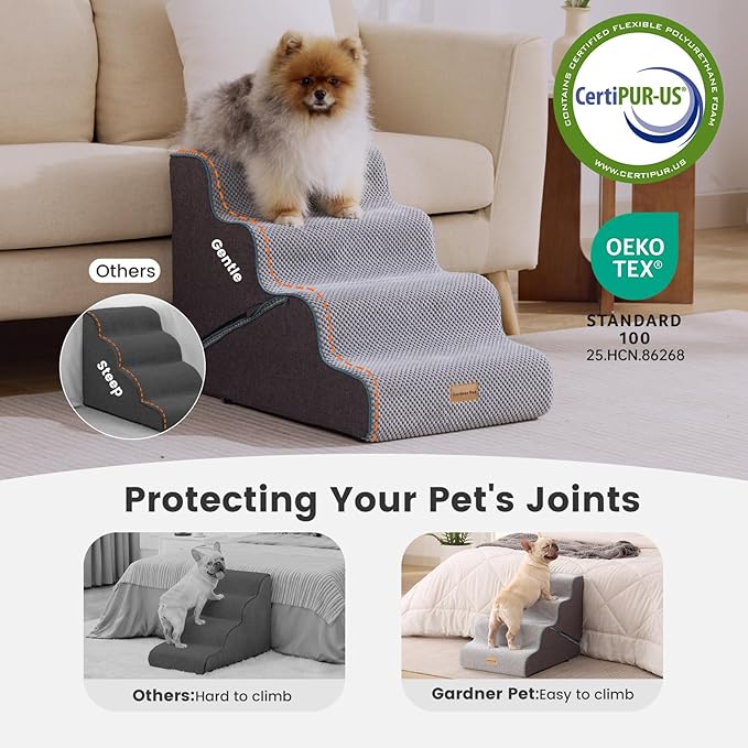 Gardner Pet Dog Stairs for Small Dogs 17.5" H, 2 in 1 Transformable 4-Step Pet Stairs and ramp, Dog Steps for Couch bed (19~22 in) with Durable Non-Slip Waterproof Cover and CertiPUR-US Certified Foam