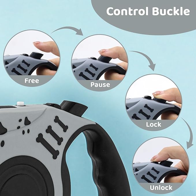16FT Retractable Dog Leash with LED Flashlight for Night Walking, USB Rechargeable Hands-Free Leash for Small Medium Dogs, Automatic Locking & Extending, Grey