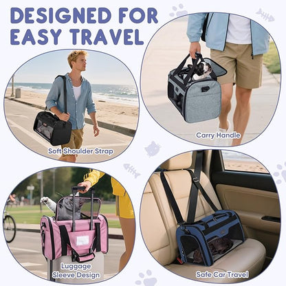 BALEINE Cat Carrier, Puppy Dog Carrier for Small Medium Pets Up to 15 Lbs, Soft-Sided Dog Travel Bag with Safety Zippers, Collapsible Pet Carrying Case (Black, L, 17"x11"x11")