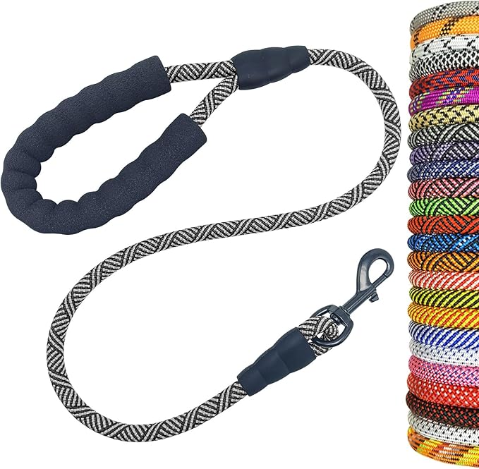 MayPaw Heavy Duty Rope Dog Leash, 3/4/5/6/7/8/10/12/15/20FT Nylon Pet Leash, Soft Padded Handle Thick Lead Leashes for Large Medium Dogs (Black, 1/2" * 3')