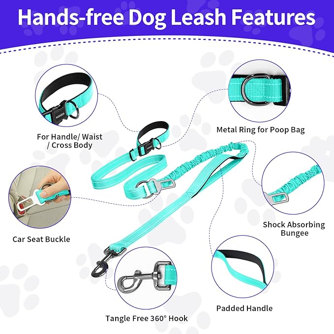 Kazazoo Hands-Free Dog Leash with 6-9FT Adjustable Length - Heavy Duty No Pull Bungee Design, Reflective Safety for Walking, Jogging & Training | Suitable for Medium to Large Dogs Green L
