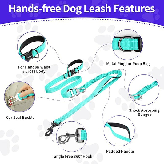 Kazazoo Hands-Free Dog Leash with 6-9FT Adjustable Length - Heavy Duty No Pull Bungee Design, Reflective Safety for Walking, Jogging & Training | Suitable for Medium to Large Dogs Green L