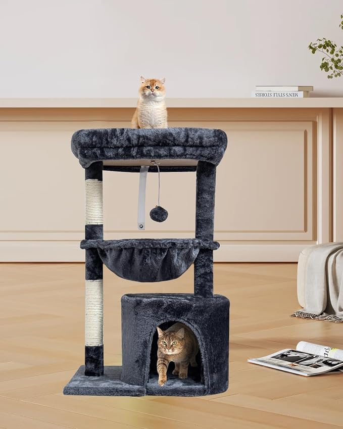 SYANDLVY Small Cat Tree for Indoor Cats, Cat Tower with Scratching Post, Modern Cat House with Padded Perch, Kittens Condo with Cradle, Smoky