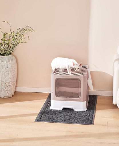 Cat Litter Box with X-Large Litter Mat and Scoop, Large Covered Litter Box with Lid, Enclosed Kitty Box,Front Top Entry Exit, Odor Control Easy to Clean (Upgrade Coffee)