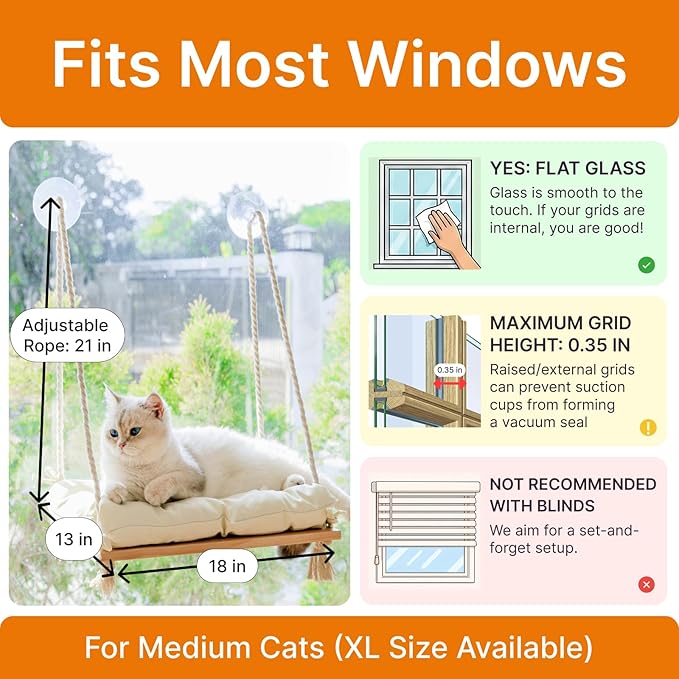 Cat Window Perch with Industrial-Grade Suction Cups - Solid Pine Wood Hammock Bed, Soft Cushion - 42 lb Capacity for Cats Inside