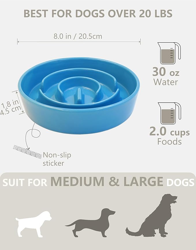 Ceramic Slow Feeder Dog Bowls Elevated, 2.0 Cups Slow Feeder for Medium Dogs, Puzzle Maze Bowl to Slow Down Eating, 30oz, 8in, Blue