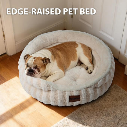 Cat Bed Puppy Bed - Washable Round Cat Beds for Indoor Cats, Soft Corduroy Fleece Pet Bed for Kitten and Samll Dog with Removable Double Sided Inner Cousion, 26", Beige