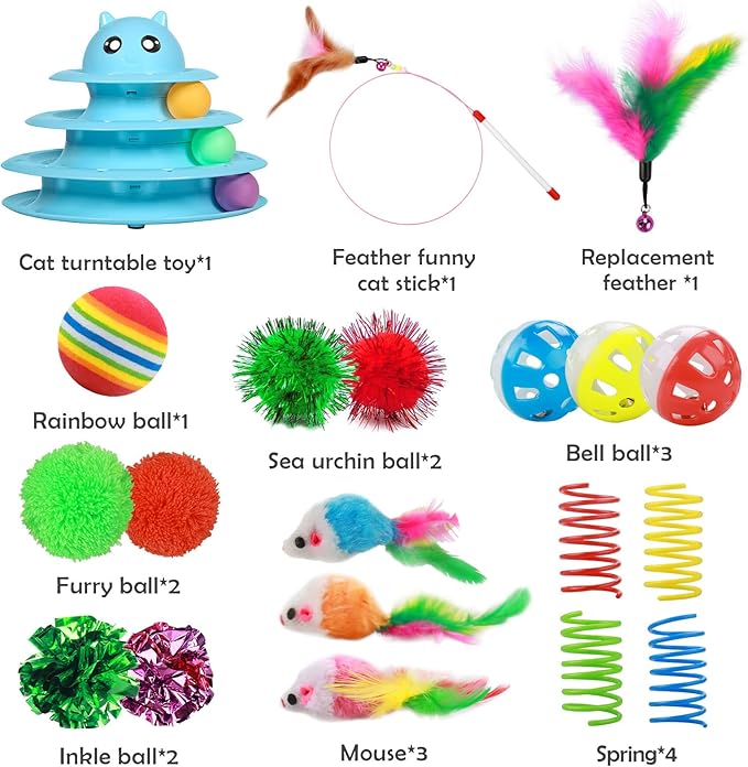 UPSKY 20 PCS Cat Toys - 3-Level Turntable Roller with Balls for Indoor Cats, Kitten Set with Teaser, Mice, Spring, and Various Ball Toys