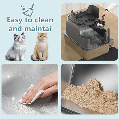XXXL Jumbo Stainless Steel Litter Box with Lid, 26" L x 18" W x 17" H Extra Large Stainless Steel Litter Box, 400 Count Cat Poop Bags + Cat Litter Mat,Non-Sticky, Anti-Leakage, Easy to Clean
