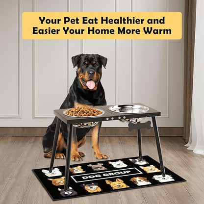 Metal Raised Dog Bowl Stand for Extra Large & Large, Dogs Food & Water Bowls 15" Tall,with Sprill Proof Mat, Raised Stand (70OZ-Stainless Steel Dog Bowls, Mat-20x31)