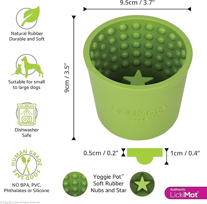 LICKIMAT Yoggie Pot – Distraction, Fun and Enrichment. Long Lasting Rubber Licking Treat Dispenser for All Dog Sizes and Slow Feeder for Small Dogs - Green
