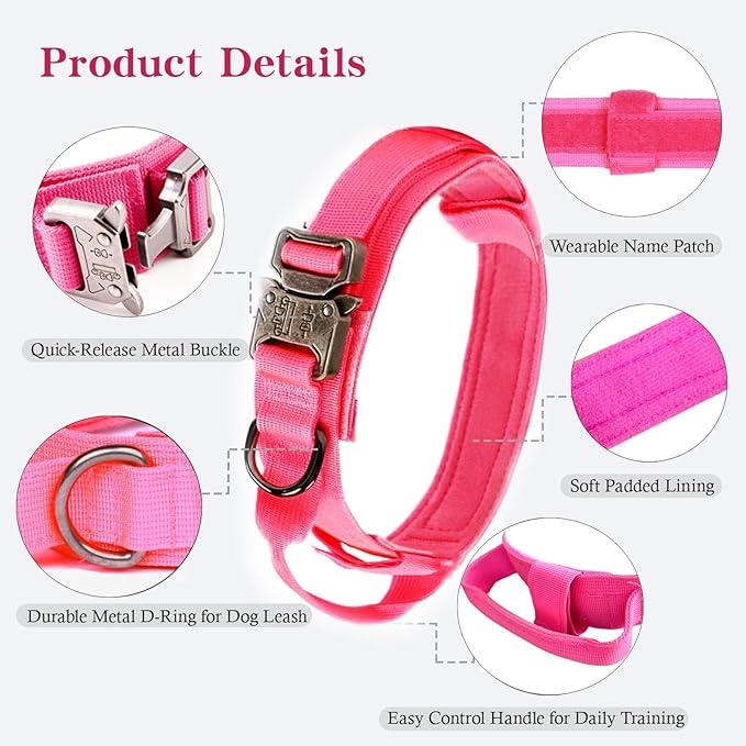 Xqpetlihai Tactical Dog Collar and Leash Set Adjustable Military Nylon Dog Collar with Control Handle and Heavy Duty Metal Buckle for Large Dogs（Pink XL