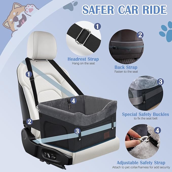 PetsHome Dog Car Seat for Small Dogs, Detachable Washable Dog Booster Car Seat with Storage Pocket, Breathable Mesh, Safety Leash, 2 Count Adjustable Straps for Small Pets Up to 25lbs-Black