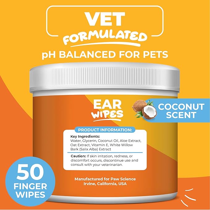 Dog Ear Cleaner Wipes – Finger Wipes for Dogs & Cats – Cleaning, Soothing, & Deodorizing Itchy Ears – Pet Ear Relief Solution (Coconut)