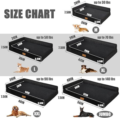 Patas Lague Orthopedic Dog Bed Large Sized Dog 36''X24'', Waterproof L Bolster Medium Pet Sofa Beds with Removable Washable Cover, Soft Comfortable Pet Couch Crate Mat with Nonskid Bottom, Black