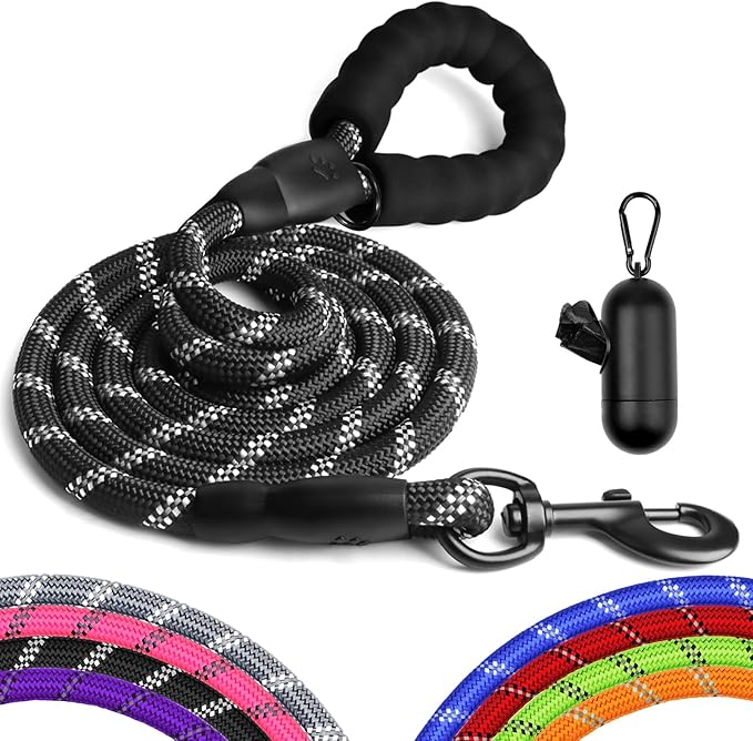 Heavy Duty Dog Leash for Large Medium Small Breed Dogs, Reflective Rope Dog leashes with Comfortable Handle,4/5/6 FT Pet Puppy Leash for Night Walking with Poop Bag Holder,Black,1/2 inch
