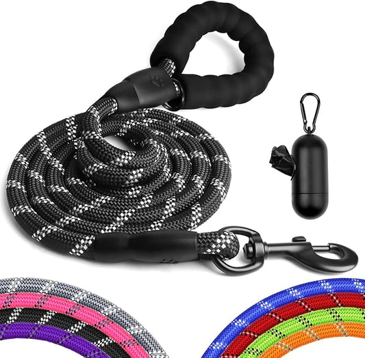 Heavy Duty Dog Leash for Large Medium Small Breed Dogs, Reflective Rope Dog leashes with Comfortable Handle,4/5/6 FT Pet Puppy Leash for Night Walking with Poop Bag Holder,Black,1/2 inch