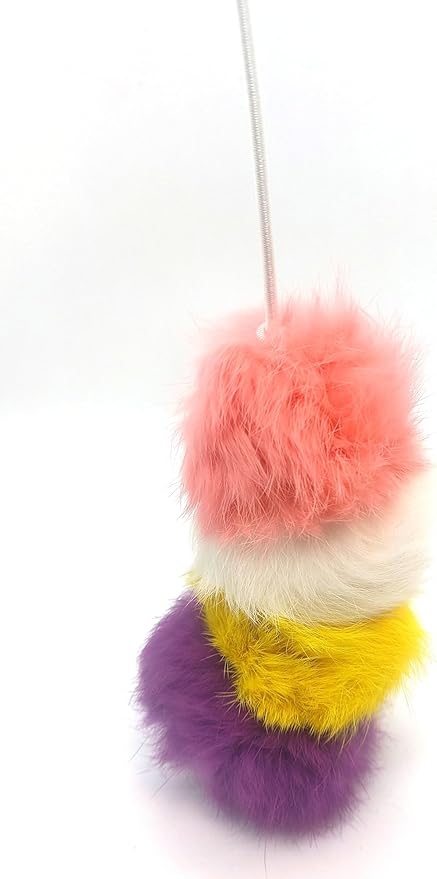 Kats'N Us Rabbit Fur Pom Pom Cat Teaser Wand - Light Pink, White, Yellow, Purple