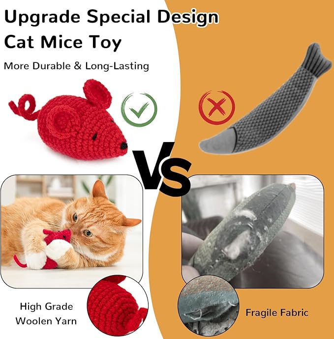 Retro Shaw Catnip Toys Crochet Mice Cat Toys, 3 Pcs Durable Yarn Cat Mouse Toys for Indoor Cats, Stuffed with Natural Catnip & Silvervine Blend, Handmade Interactive Kitten Chew Toy for Teeth Cleaning