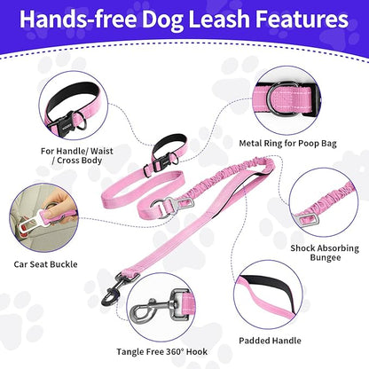 Kazazoo Hands-Free Dog Leash with 6-9FT Adjustable Length - Heavy Duty No Pull Bungee Design, Reflective Safety for Walking, Jogging & Training | Suitable for Medium to Large Dogs,Pink L