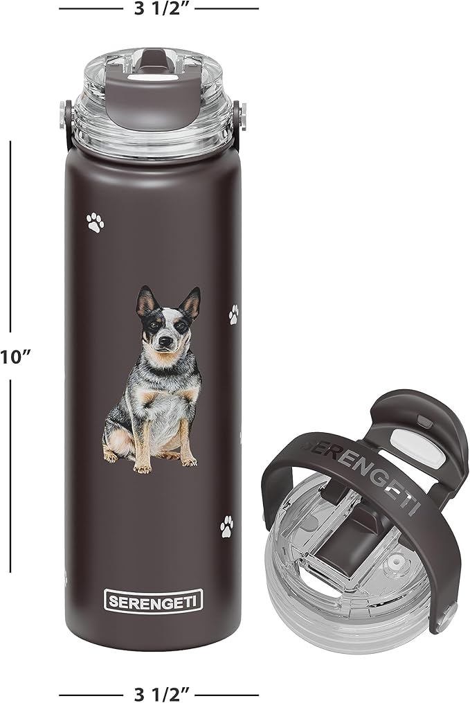 SERENGETI 24 Oz Water Bottle Stainless Steel with Spill Proof Lid - Double walled Vacuum Insulated water flask - Realistic 3D Print of your favorite dog (Australian Cattle Dog)