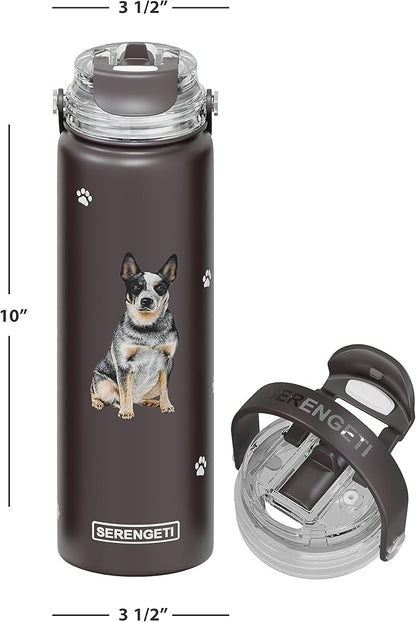 SERENGETI 24 Oz Water Bottle Stainless Steel with Spill Proof Lid - Double walled Vacuum Insulated water flask - Realistic 3D Print of your favorite dog (Australian Cattle Dog)